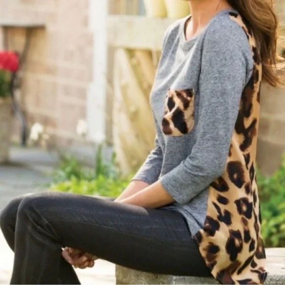 Soft Surroundings Women's Leopard Print Gray Tunic Mixed Media 3/4 Sleeve Size S